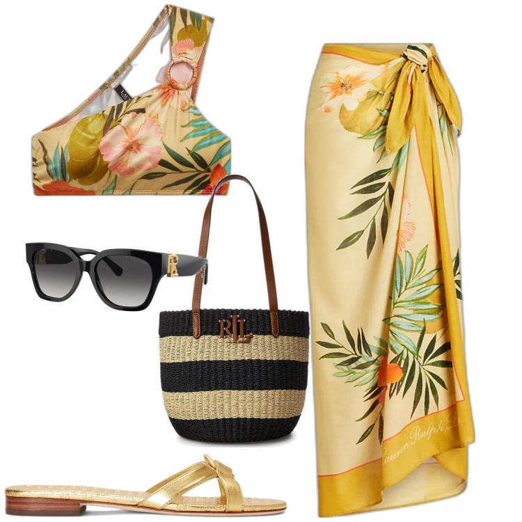 Outfit donna - Ralph Lauren mare. Stile Chic per Mare. Abbinamento con occhiali da sole, borse tote, gonne, top, ciabatte.