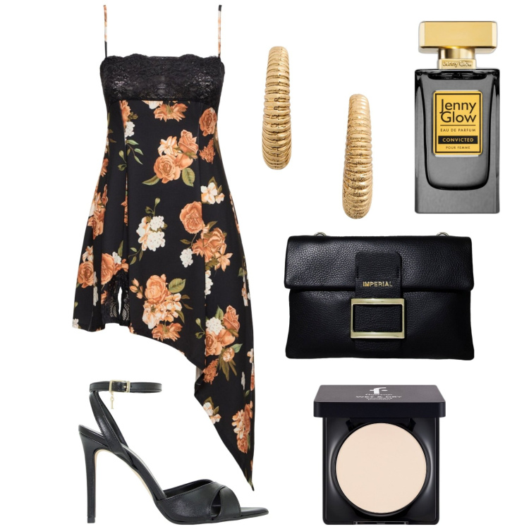 Outfit donna - Total look #1892048. Stile Sexy per Serata fuori. Abbinamento con ciprie, profumi, pochette, décolleté, orecchini, vestiti asimmetrici.
