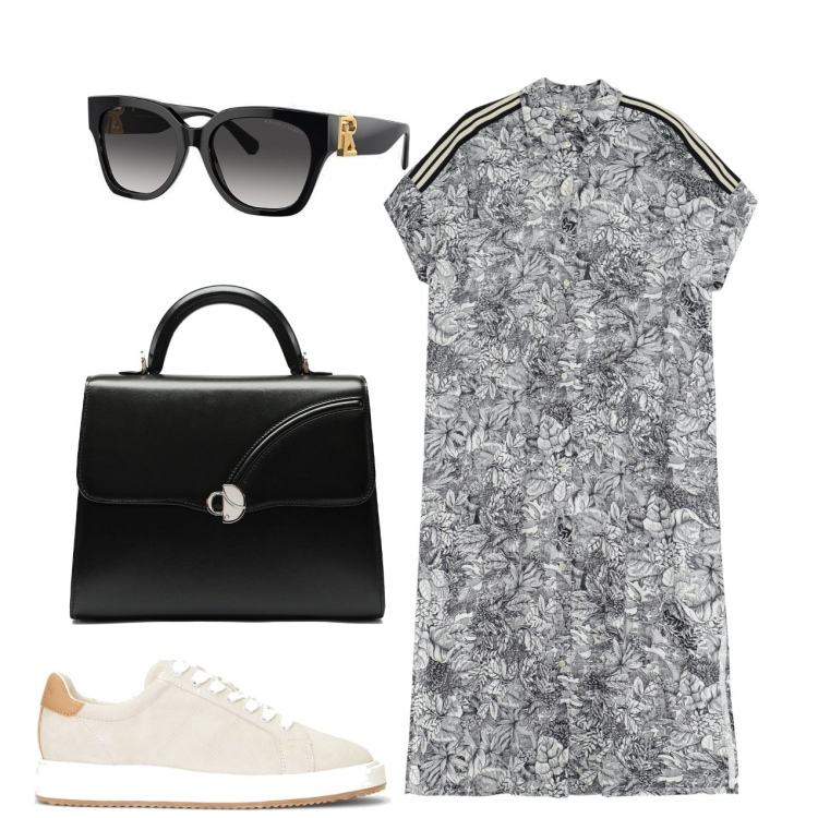 Outfit donna - Basic. Stile Basic per Tutti i giorni. Abbinamento con vestiti lunghi, occhiali da sole, sneakers, borse a mano.