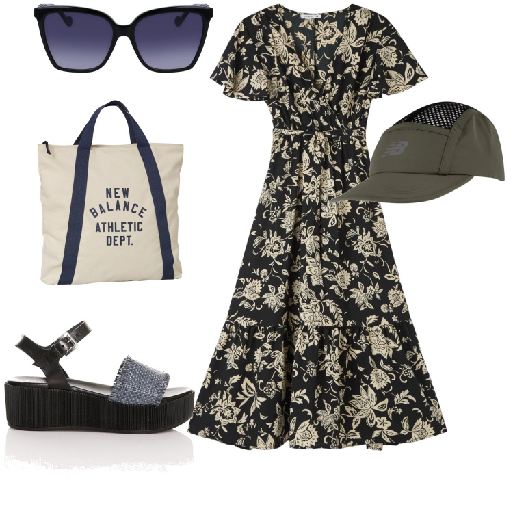 Outfit donna - Total look. Stile Bon Ton per Tutti i giorni. Abbinamento con vestiti lunghi, borse a mano, cappelli con visiera, sandali, occhiali da sole.