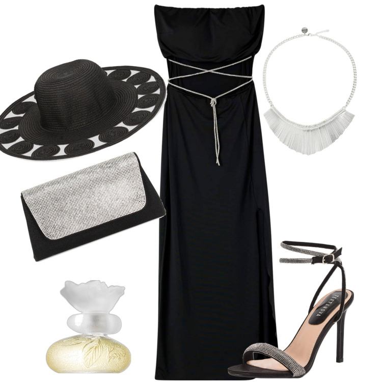 Outfit donna - Cerimonia. Stile Glamour per Cerimonia. look ideale per Tall. Abbinamento con profumi, vestiti lunghi, sandali col tacco, pochette, cappelli, collane.