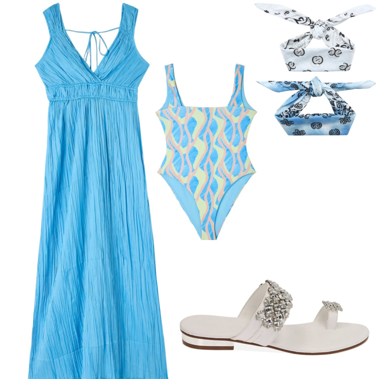 Outfit donna - Ciabattina gioiello. Stile Bon Ton per Mare. Abbinamento con costumi interi, vestiti lunghi, fasce per capelli, sandali gioiello.