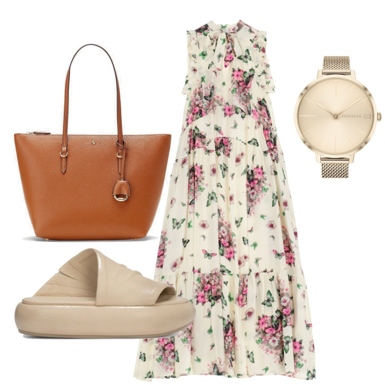 Outfit donna - Fiori a grappolo. Stile Romantica per Tutti i giorni. Abbinamento con orologi, vestiti lunghi, borse tote, sandali in pelle.
