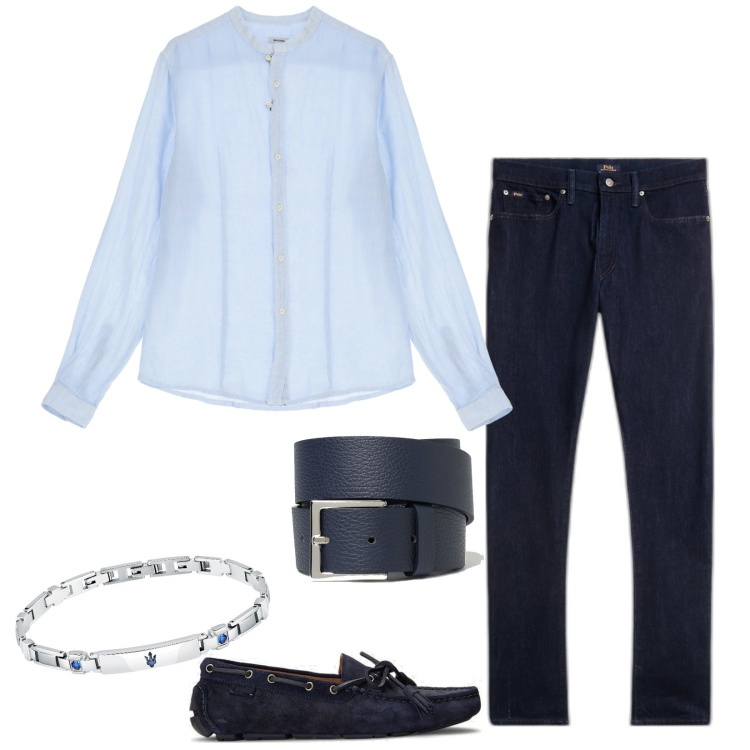 Outfit uomo - Jeans e camicia. Stile Trendy per Serata speciale. Abbinamento con braccialetti, camicie, scarpe stringate, jeans, cinture.