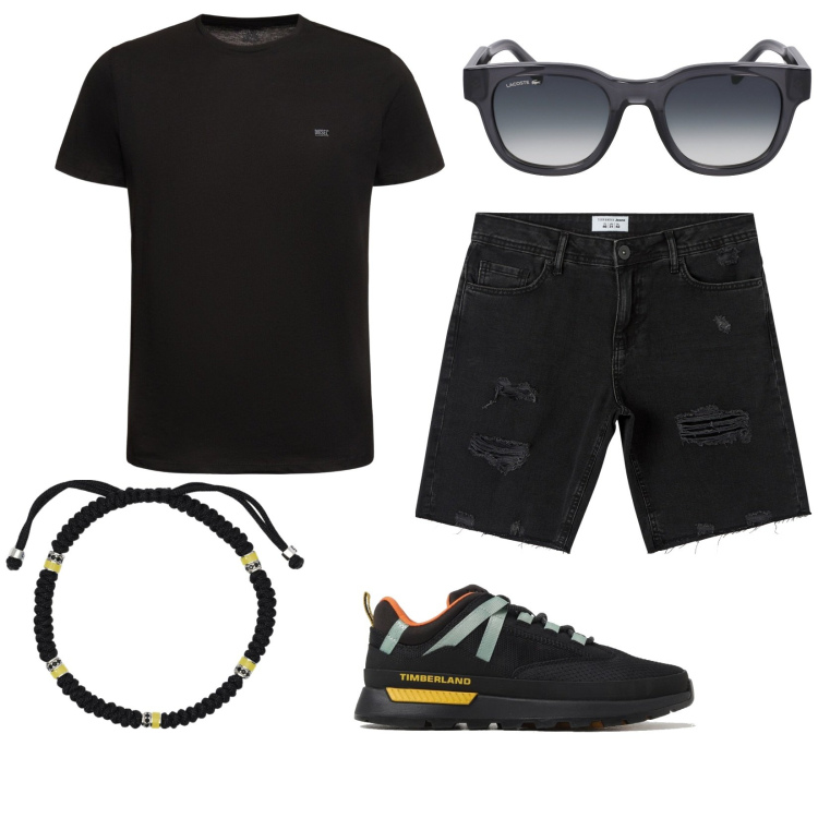 Outfit uomo - In love with black. Stile Casual per Tutti i giorni. Abbinamento con shorts, braccialetti, t-shirt, sneakers, occhiali da sole.
