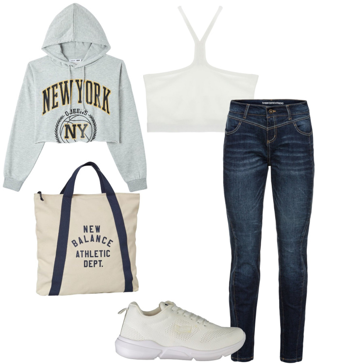 Outfit donna - Sognare New York. Stile Basic per Tutti i giorni. Abbinamento con jeans boyfriend, felpe con cappuccio, borse a mano, top, sneakers.