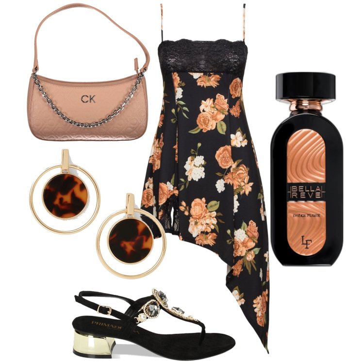Outfit donna - Serata. Stile Casual chic per Serata fuori. Abbinamento con profumi, sandali gioiello, orecchini, vestiti asimmetrici, borse a spalla.