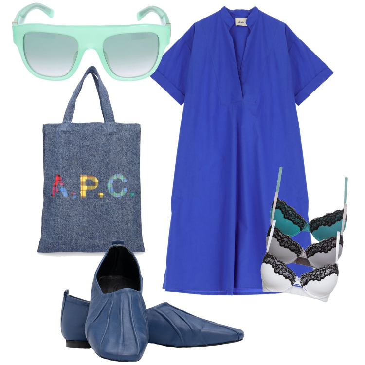 Outfit donna - Gli occhiali fanno il look. Stile Trendy per Tutti i giorni. Abbinamento con reggiseni, vestiti midi/longuette, shopping bag, ballerine, occhiali da sole.