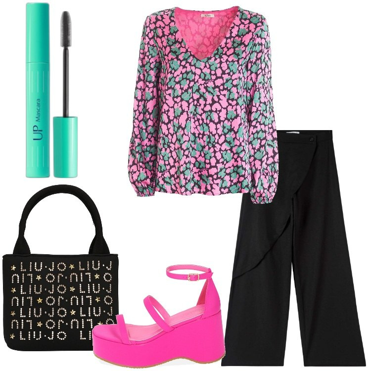 Outfit donna - Diversamente animalier. Stile Trendy per Serata fuori. Abbinamento con mascara, pantaloni, bluse, sandali col tacco, borse a mano.