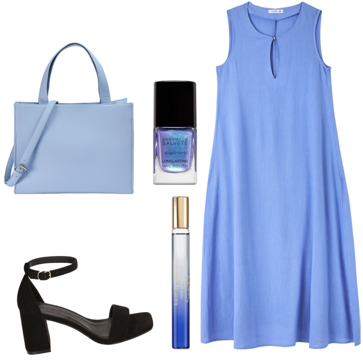 Outfit donna - Total look. Stile Glamour per Tutti i giorni. Abbinamento con profumi, smalti, vestiti senza maniche, shopping bag, sandali col tacco.