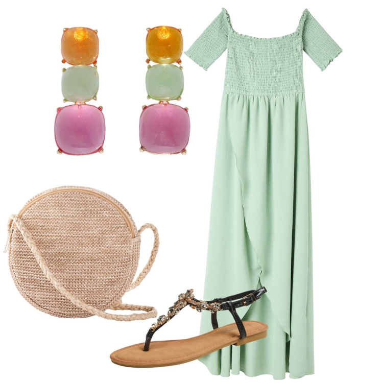 Outfit donna - Acqua. Stile Bon Ton per Serata fuori. Abbinamento con borse a tracolla, vestiti lunghi, sandali gioiello, orecchini.