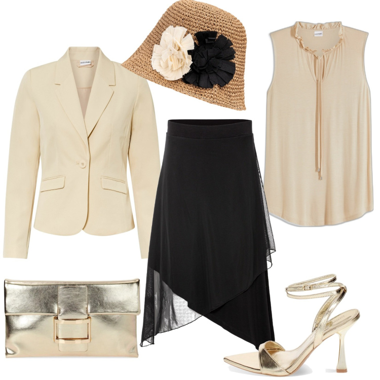 Outfit donna - Total look #1892133. Stile Chic per Cerimonia. Abbinamento con blazer, top, gonne, pochette, sandali col tacco, cappelli.