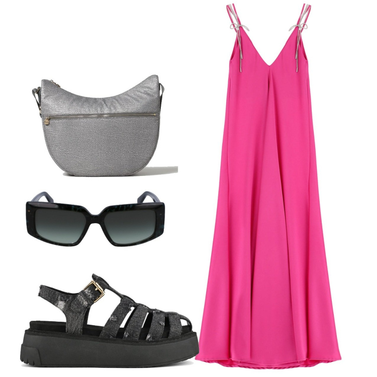 Outfit donna - Fucsia. Stile Bon Ton per Tutti i giorni. Abbinamento con vestiti lunghi, sandali, borse a spalla, occhiali da sole.