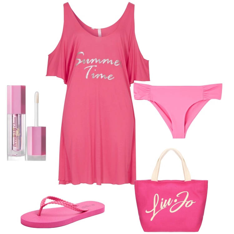 Outfit donna - Pink beach. Stile Glamour per Mare. Abbinamento con vestiti da spiaggia, gloss, infradito, bikini, shopping bag.