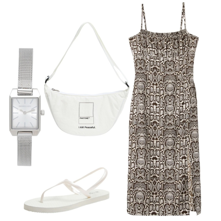 Outfit donna - Pitonata. Stile Urban per Tutti i giorni. Abbinamento con orologi, marsupi, sandali, vestiti lunghi.