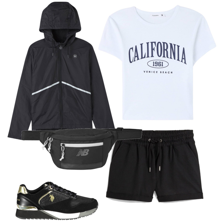 Outfit donna - Lo sport sempre ok. Stile Basic per Sport. Abbinamento con pantaloncini sportivi, t-shirt sportive, blazer, marsupi, scarpe sportive.