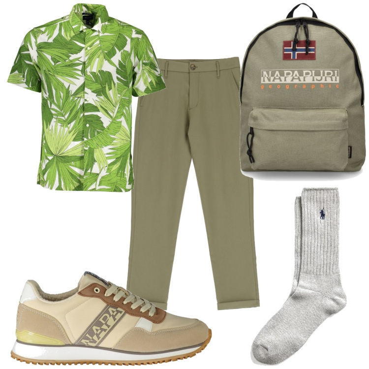 Outfit uomo - Total look #1892165. Stile Trendy per Tutti i giorni. Abbinamento con pantaloni, calzini, borse sportive, camicie a manica corta, sneakers.