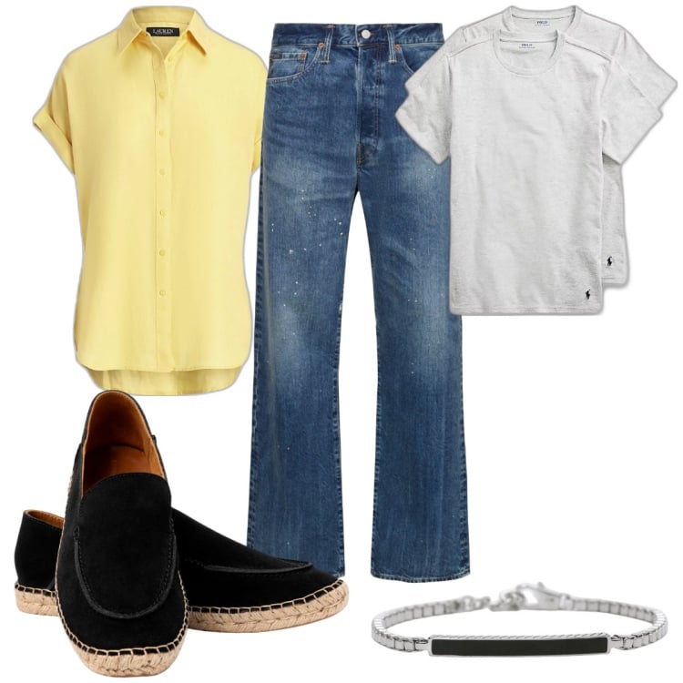 Outfit uomo - Total look #1892171. Stile Trendy per Tutti i giorni. Abbinamento con braccialetti, magliette intime, camicie a manica corta, jeans dritti, espadrillas.