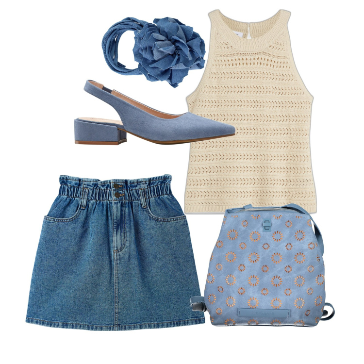 Outfit donna - Rosa blu. Stile Bon Ton per Tutti i giorni. Abbinamento con décolleté, top, minigonne, collane, zaini.