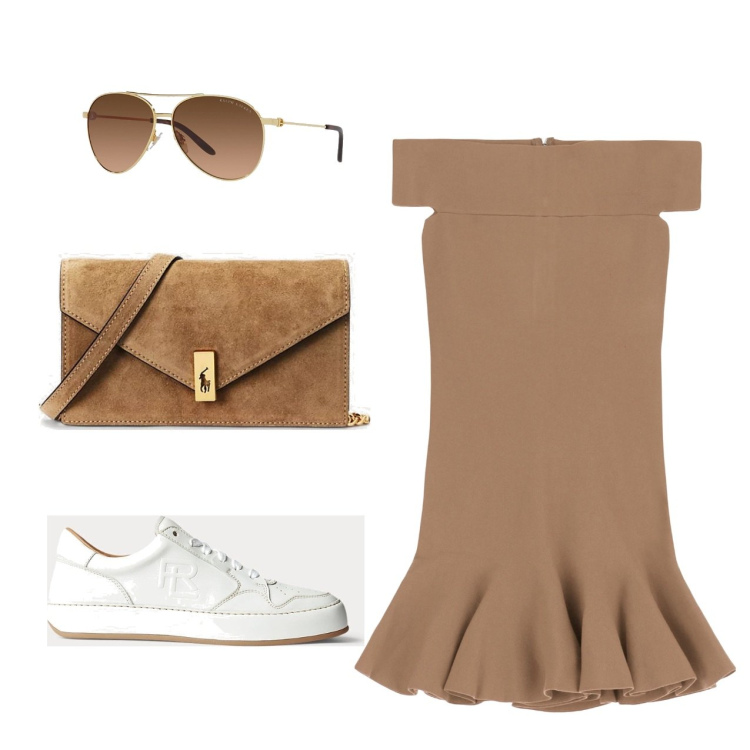 Outfit donna - Dinamica. Stile Basic per Tutti i giorni. Abbinamento con vestiti corti, occhiali da sole, sneakers, clutch.