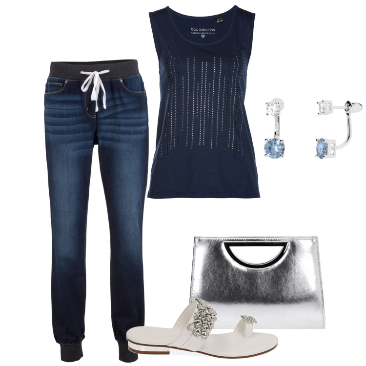 Outfit donna - Glitters. Stile Sporty chic per Serata fuori. Abbinamento con jeans boyfriend, top, orecchini, sandali gioiello, pochette.