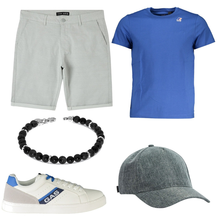 Outfit uomo - Sabato al parco. Stile Urban per Tutti i giorni. Abbinamento con cappelli, shorts, t-shirt, sneakers, braccialetti.