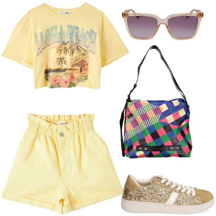 Outfit donna - Giallo burro. Stile Basic per Tutti i giorni. Abbinamento con t-shirt, shorts, sneakers, occhiali da sole, borse a spalla.