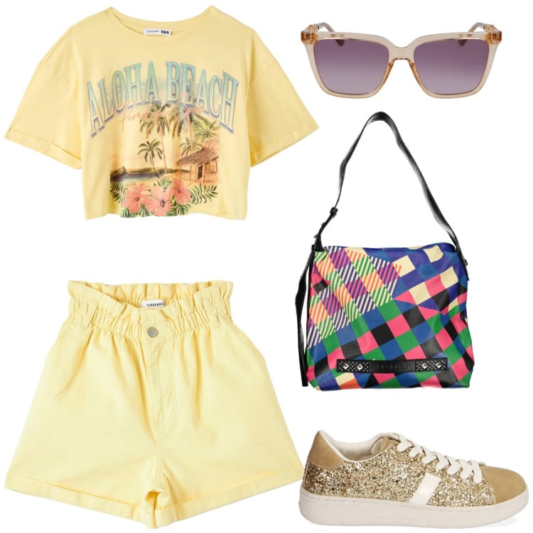 Outfit donna - Giallo burro. Stile Basic per Tutti i giorni. Abbinamento con t-shirt, shorts, sneakers, occhiali da sole, borse a spalla.