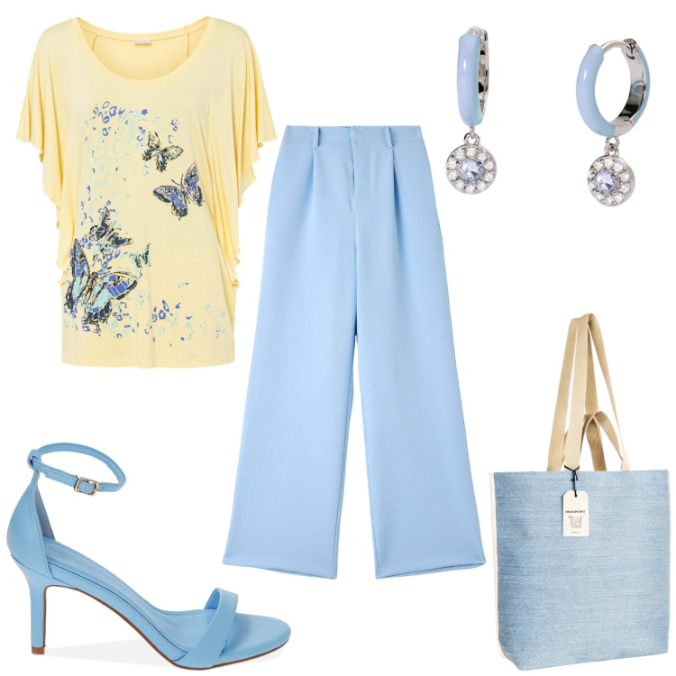 Outfit donna - Giallo burro e celeste. Stile Bon Ton per Serata fuori. Abbinamento con maglieria, pantaloni, orecchini, borse tote, sandali col tacco.