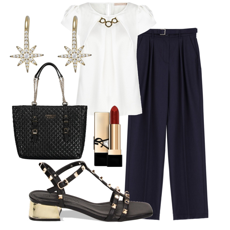 Outfit donna - Ufficio impeccabile e fresco. Stile Glamour per Ufficio. Abbinamento con rossetti, orecchini, bluse, pantaloni a palazzo, sandali col tacco, borse a spalla.