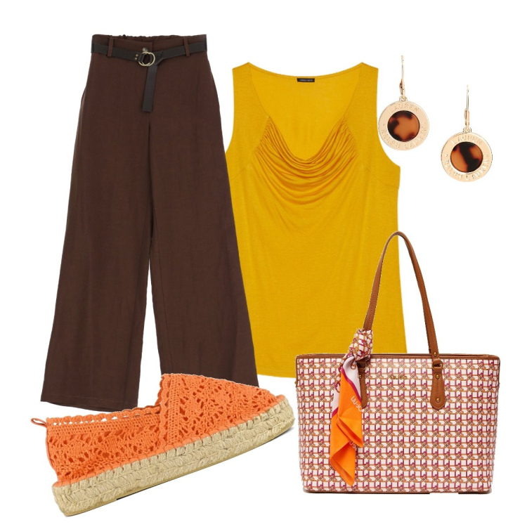 Outfit donna - In città. Stile Casual chic per Tutti i giorni. Abbinamento con pantaloni a palazzo, orecchini, espadrillas, top, shopping bag.