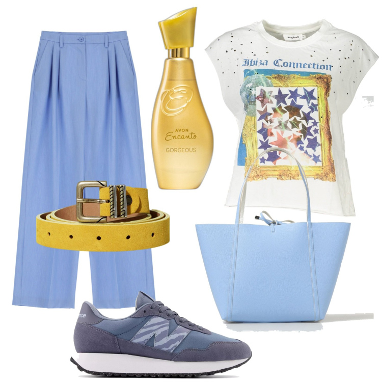 Outfit donna - Total look #1892282. Stile Urban per Tutti i giorni. Abbinamento con profumi, sneakers, jeans dritti, cinture, t-shirt, borse a spalla.