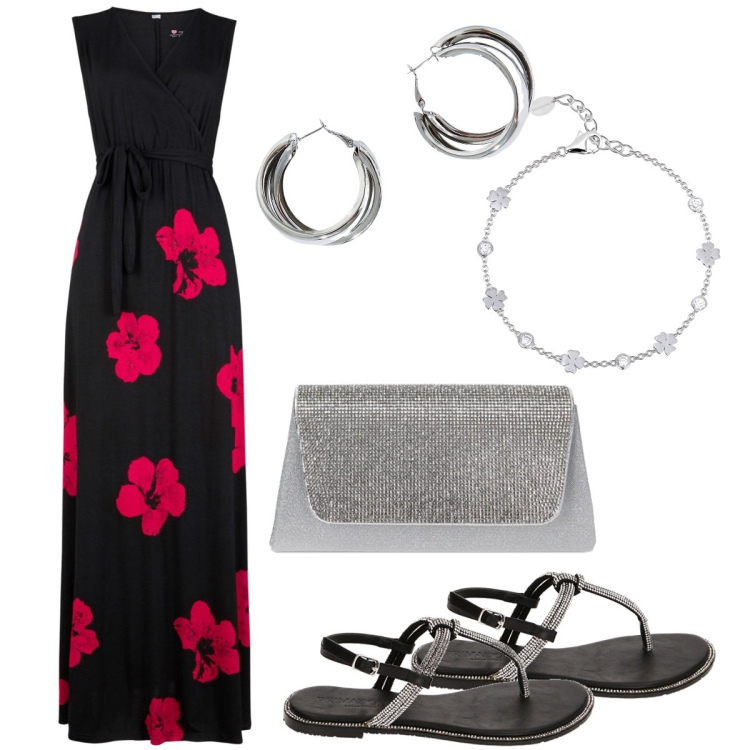 Outfit donna - Fiori sul nero. Stile Bon Ton per Serata fuori. Abbinamento con vestiti, braccialetti, ciabatte, pochette, orecchini.