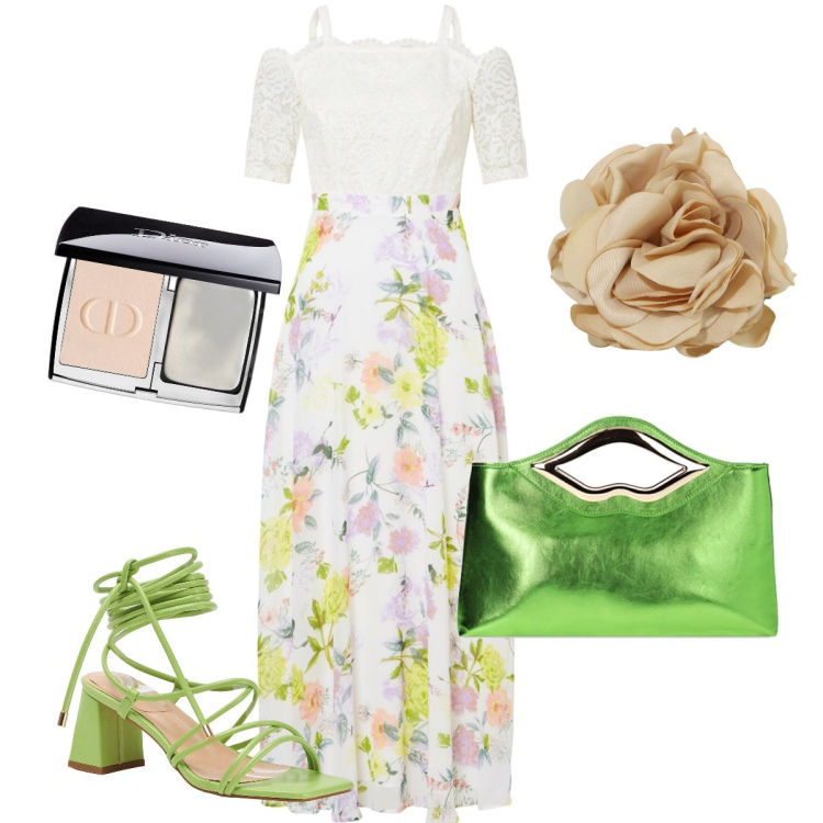 Outfit donna - Dettagli verde acido. Stile Romantica per Serata fuori. Abbinamento con vestiti, fondotinta, sandali alla schiava, pochette, braccialetti.