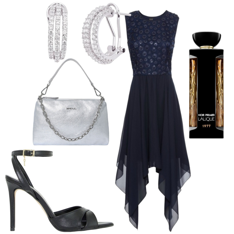 Outfit donna - Tacchi per la sera. Stile Chic per Serata fuori. Abbinamento con vestiti, profumi, orecchini, décolleté, pochette.