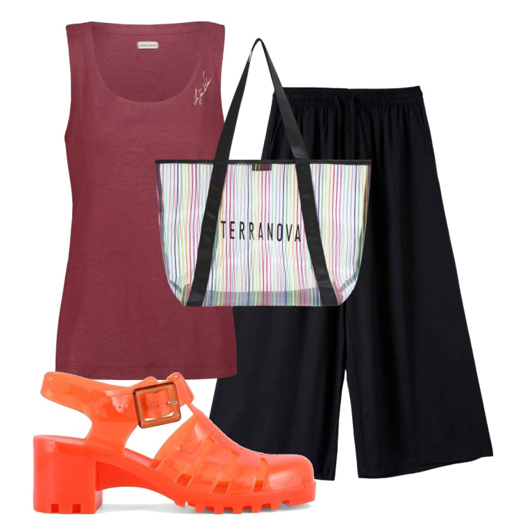 Outfit donna - Total look #1892329. Stile Casual per Tutti i giorni. Abbinamento con pantaloni a palazzo, shopping bag, canottiere, sandali col tacco.
