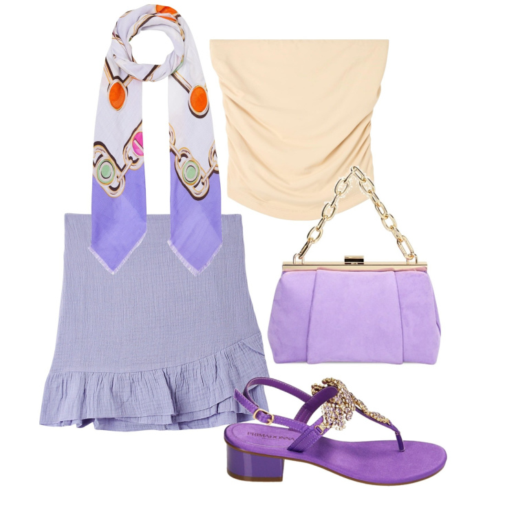 Outfit donna - Glicine. Stile Bon Ton per Tutti i giorni. Abbinamento con top, minigonne, ciabatte, borse a spalla, foulard.