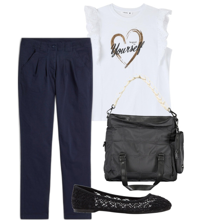 Outfit donna - Precisa. Stile Bon Ton per Tutti i giorni. Abbinamento con pantaloni chino, ballerine, t-shirt, borse a spalla.