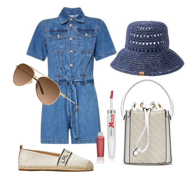 Outfit donna - Ghost outfitter - giugno. Stile Casual chic per Tutti i giorni. Abbinamento con rossetti, occhiali da sole, espadrillas, cappelli, borse a secchiello, tuta corta.