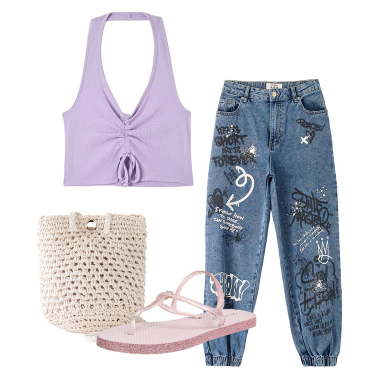 Outfit donna - Urbanissima. Stile Urban per Tutti i giorni. Abbinamento con borse a tracolla, sandali, jeans, top.