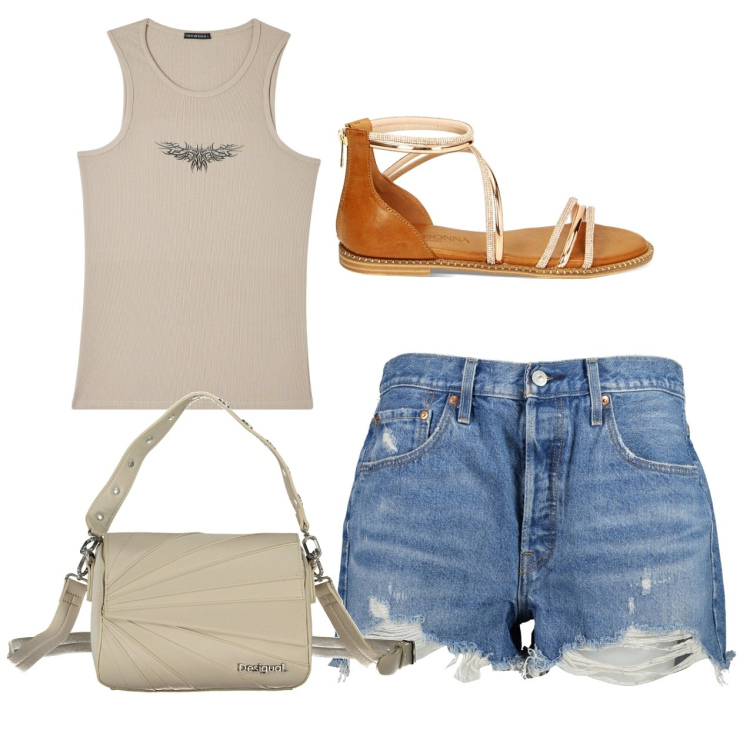 Outfit donna - Casual shorts. Stile Casual chic per Tutti i giorni. Abbinamento con canottiere, sandali gioiello, jeans strappati, borse a spalla.
