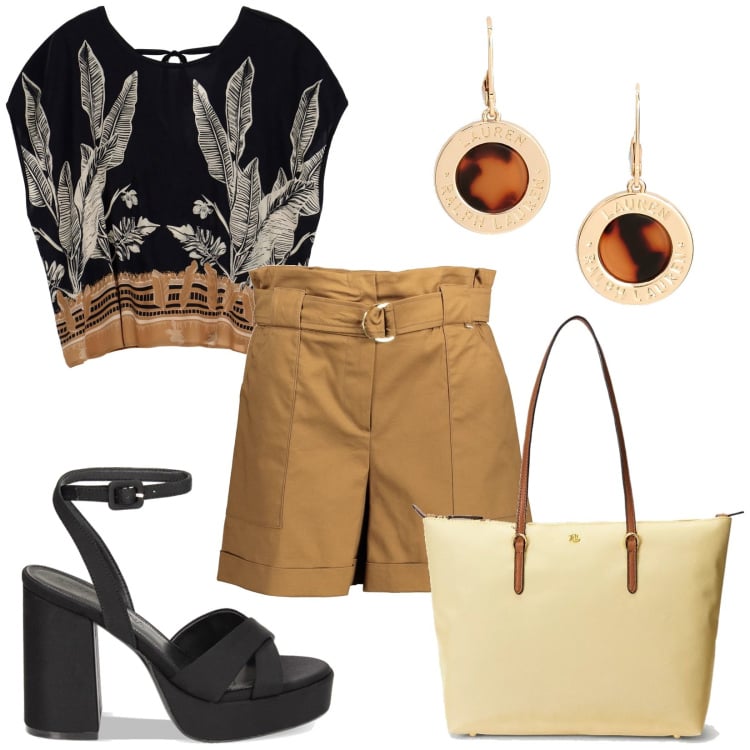 Outfit donna - Shorts e tacchi. Stile Casual per Tutti i giorni. Abbinamento con sandali col tacco, borse tote, orecchini, bluse, pantaloni.