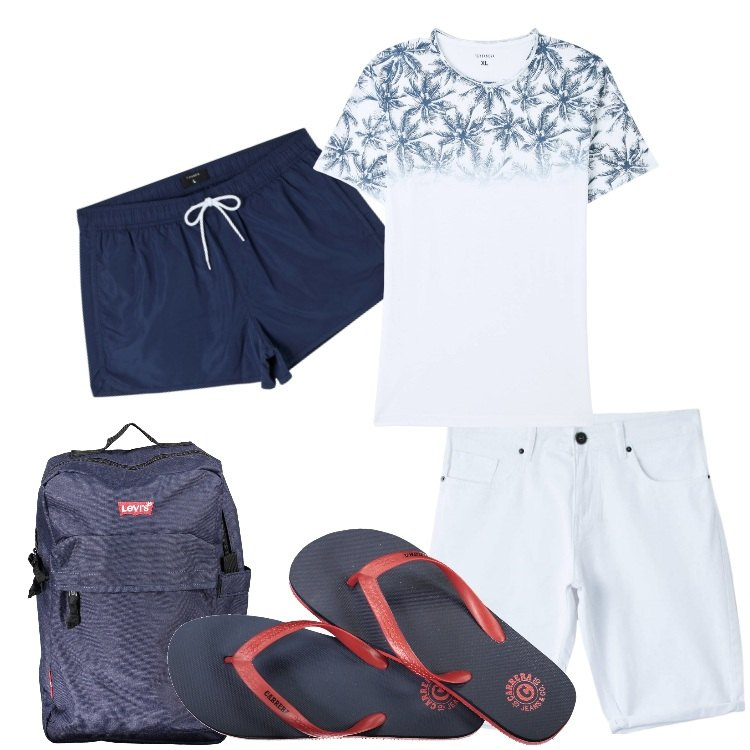 Outfit uomo - Un week end a Diano. Stile Casual per Mare. Abbinamento con t-shirt, costumi, pantaloni, borse sportive, sandali.