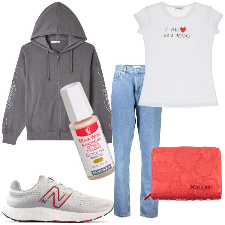 Outfit donna - Total look #1892404. Stile Casual per Tutti i giorni. Abbinamento con smalti, felpe con cappuccio, sneakers, t-shirt, jeans mom, portafogli.
