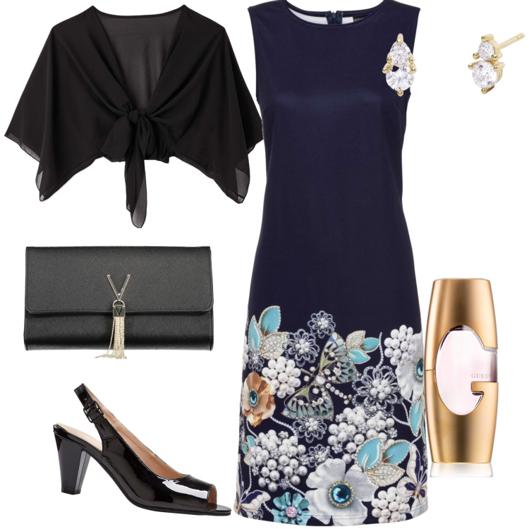 Outfit donna - Stasera al ristorante. Stile Bon Ton per Serata fuori. Abbinamento con vestiti senza maniche, décolleté, profumi, blazer, orecchini, borse a mano.