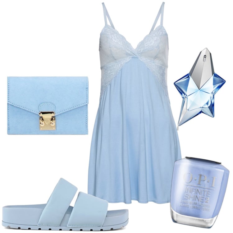 Outfit donna - Bon ton casalingo. Stile Chic per Tutti i giorni. Abbinamento con vestaglie, smalti, profumi, portafogli, ciabatte.