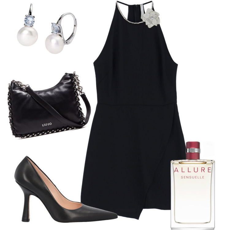 Outfit donna - Basta poco per celebrare Coco. Stile Chic per Serata fuori. Abbinamento con profumi, orecchini, vestiti corti, borse a mano, décolleté.