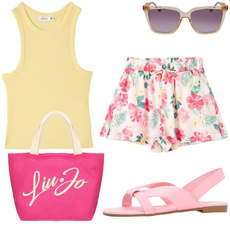 Outfit donna - Tempo libero. Stile Basic per Tutti i giorni. Abbinamento con sandali, shorts, canottiere, occhiali da sole, shopping bag.