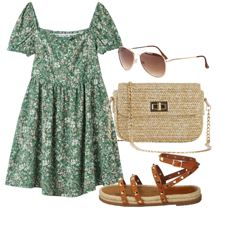 Outfit donna - Fiorellini. Stile Romantica per Tutti i giorni. Abbinamento con occhiali da sole, borse a mano, vestiti corti, sandali.