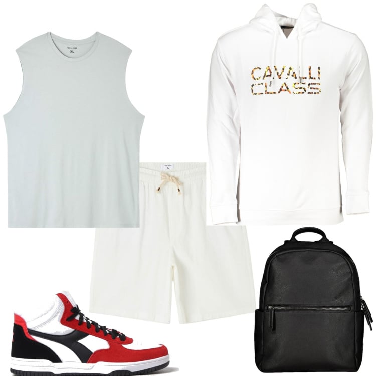 Outfit uomo - Pallavolo a spiaggia con gli amici. Stile Trendy per Tutti i giorni. Abbinamento con t-shirt, shorts, felpe con cappuccio, borse sportive, sneakers.